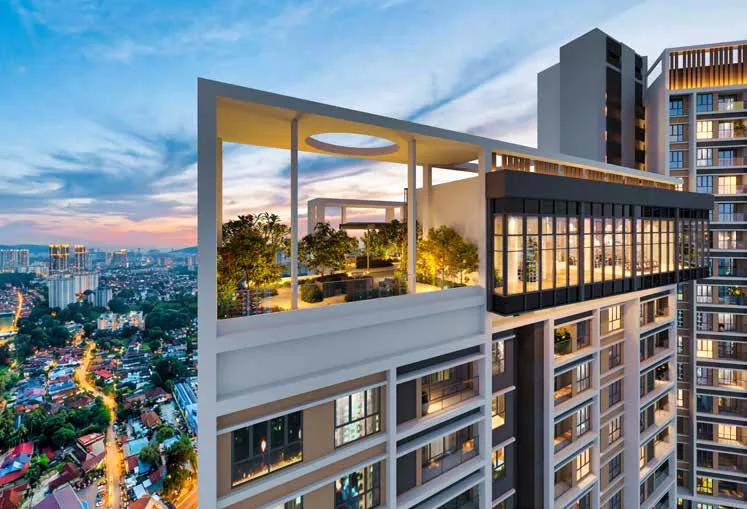 Rooftop terrace lounge overlooking Kuala Lumpur skyline, artist's impression