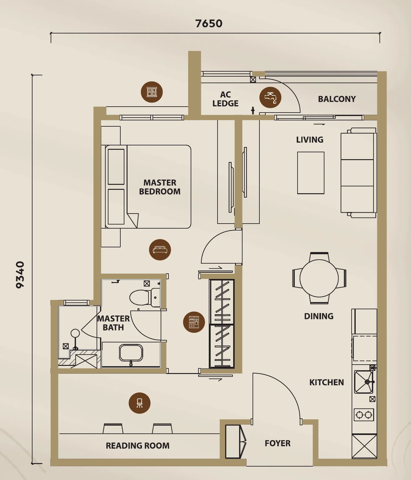 Lunar Seputeh Type A floorplan — 683 sq ft, 1+1 bedroom, 1 bathroom