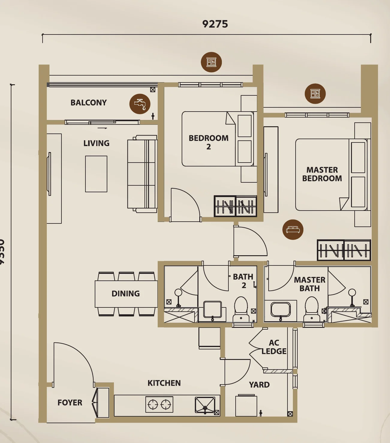 Lunar Seputeh Type B1 floorplan — 841 sq ft, 2 bedrooms, 2 bathrooms