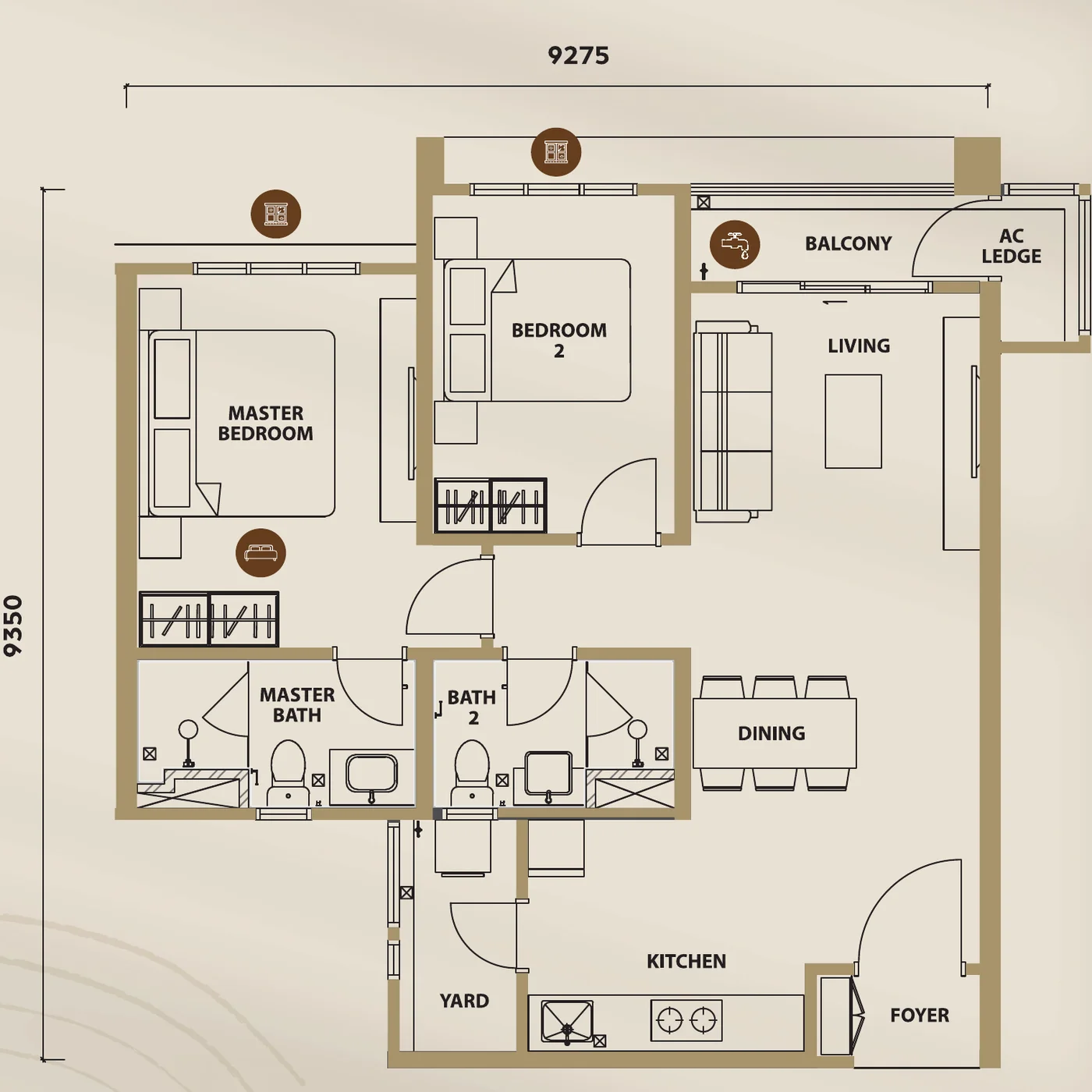 Lunar Seputeh Type B1A floorplan — 841 sq ft, 2 bedrooms, 2 bathrooms