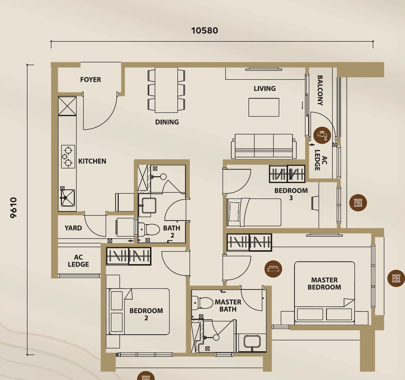 Lunar Seputeh Type B2 floorplan — 930 sq ft, 3 bedrooms, 2 bathrooms