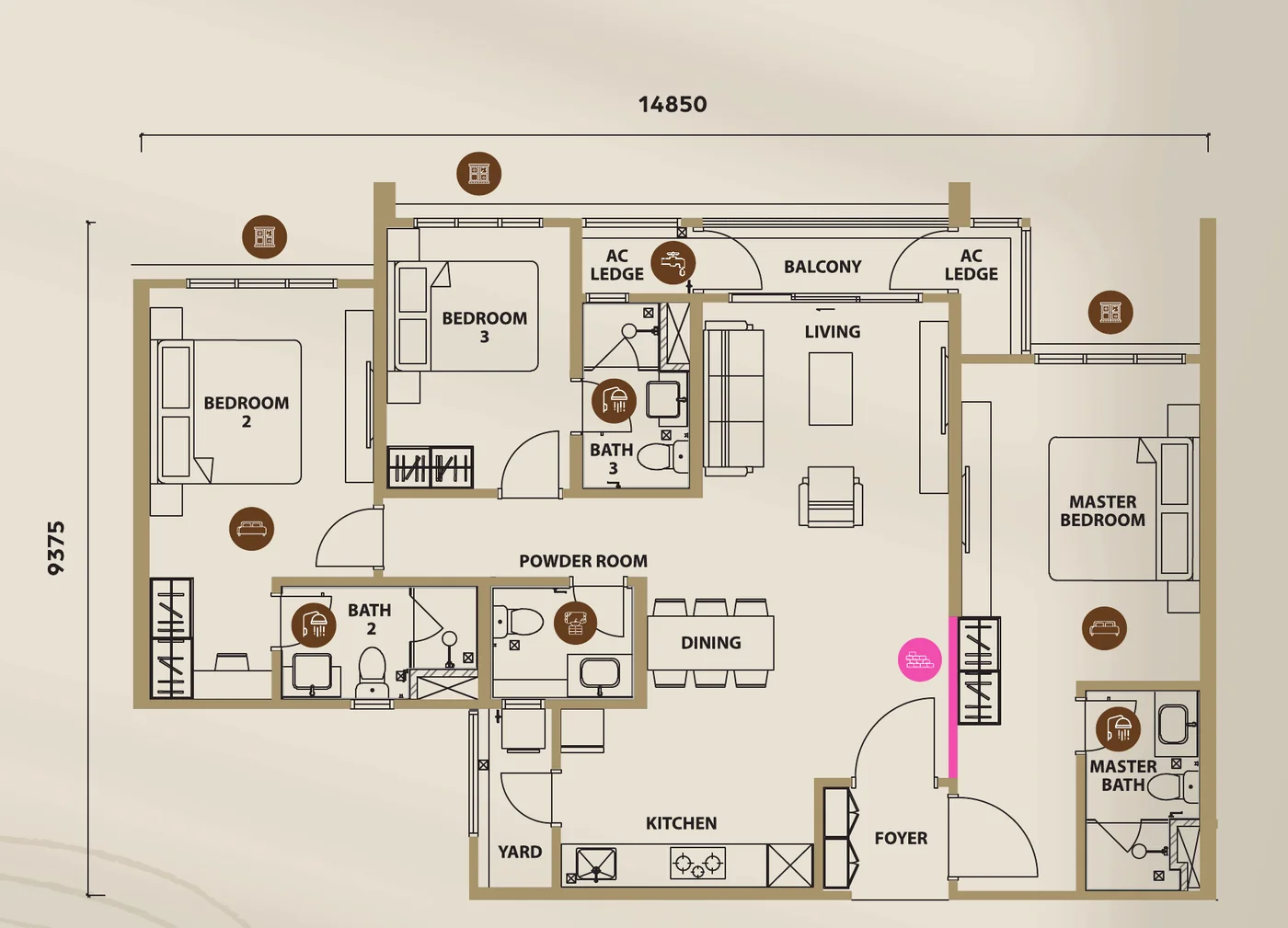 Lunar Seputeh Type C1 floorplan with dual key — 1,280 sq ft, 3 bedrooms