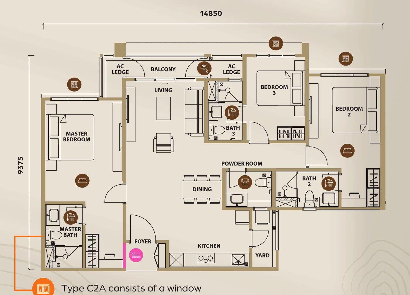 Lunar Seputeh Type C2/C2A floorplan — 1,280 sq ft, 3 bedrooms