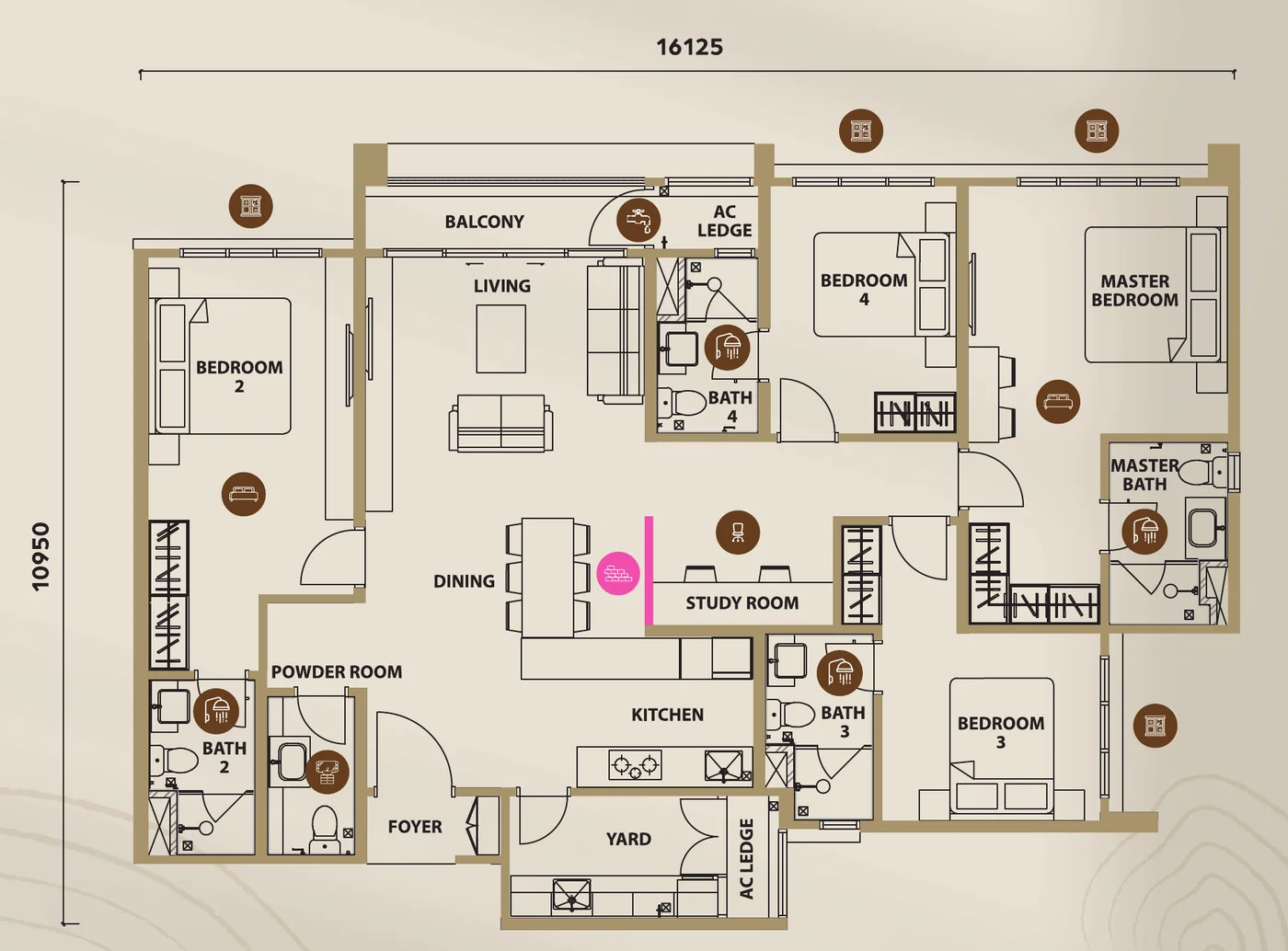 Lunar Seputeh Type D floorplan — 1,646 sq ft, 4+1 bedrooms, 4 bathrooms
